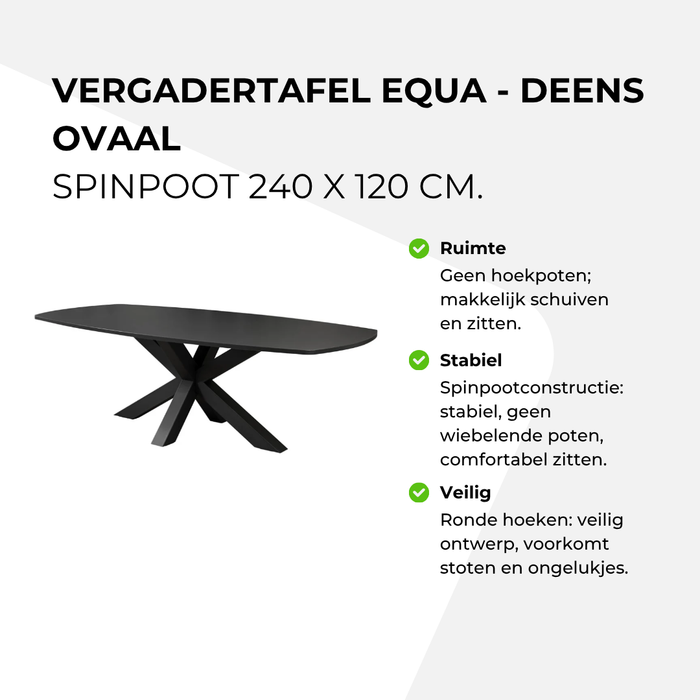 Vergadertafel Equa - Deens Ovaal Spinpoot 240 x 120 cm