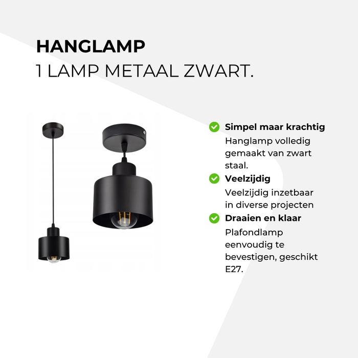 Hanglamp - 1 lamp metaal zwart