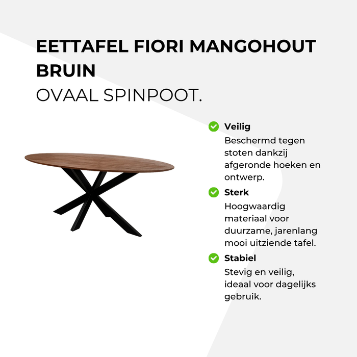 Eettafel Fiori Mangohout Bruin - Ovaal Spinpoot