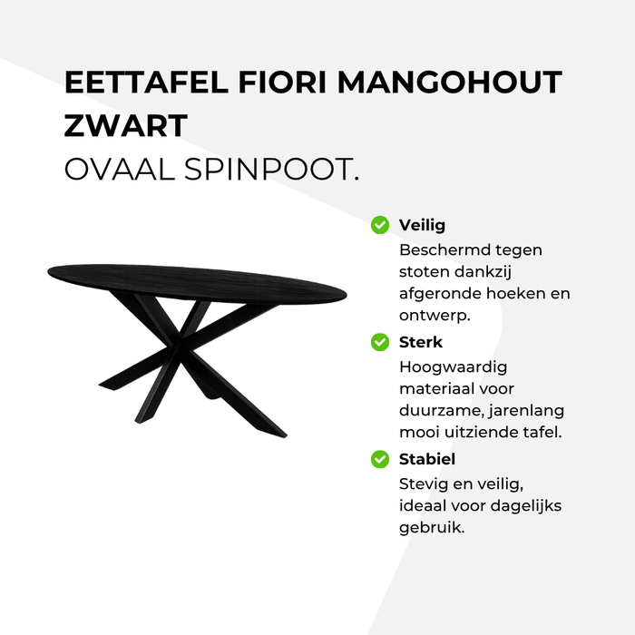 Eettafel Fiori Mangohout Zwart - Ovaal Spinpoot