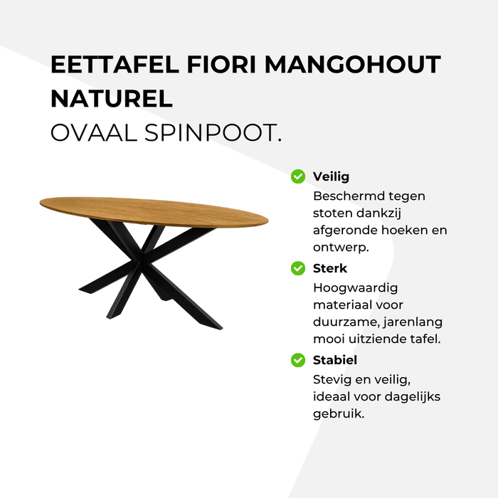 Eettafel Fiori Mangohout Naturel - Ovaal Spinpoot