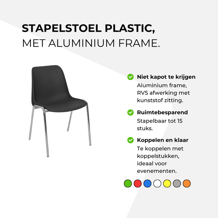 Czarne plastikowe krzesło sztaplowane z aluminiową ramą